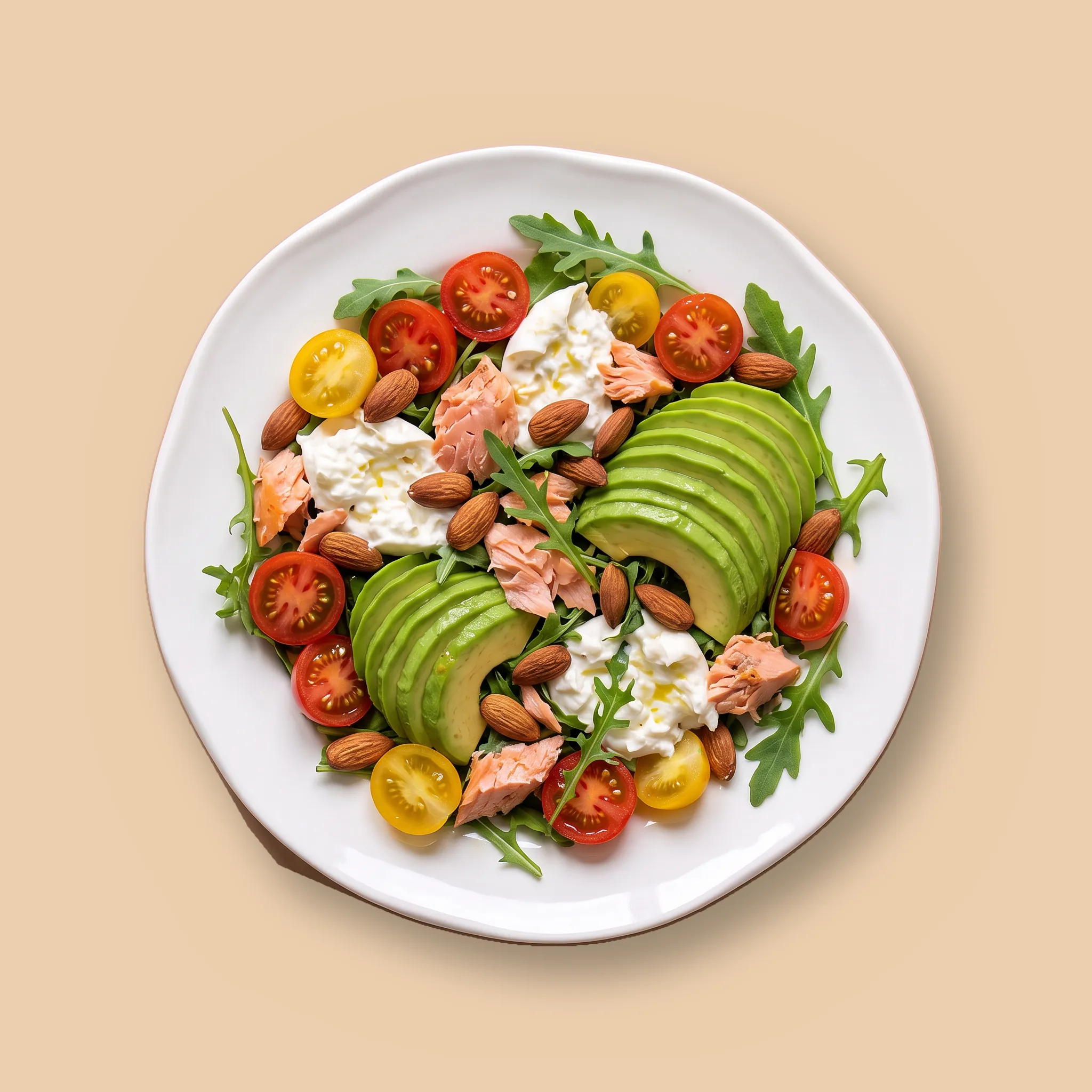 Green Ocean (Salad): Tomate Cherry · aguacate · burrata · salmón · almendras · rúcula
